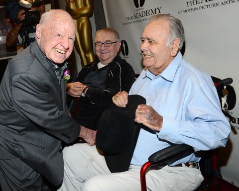 Mickey Rooney, left, and Marvin Kaplan join Winters for a July 2012 screening of "It's a Mad, Mad, Mad, Mad World" in Beverly Hills, California. Winters stood out in Stanley Kramer's 1963 comedy all-star film as a truck driver who destroys a gas station.<br />