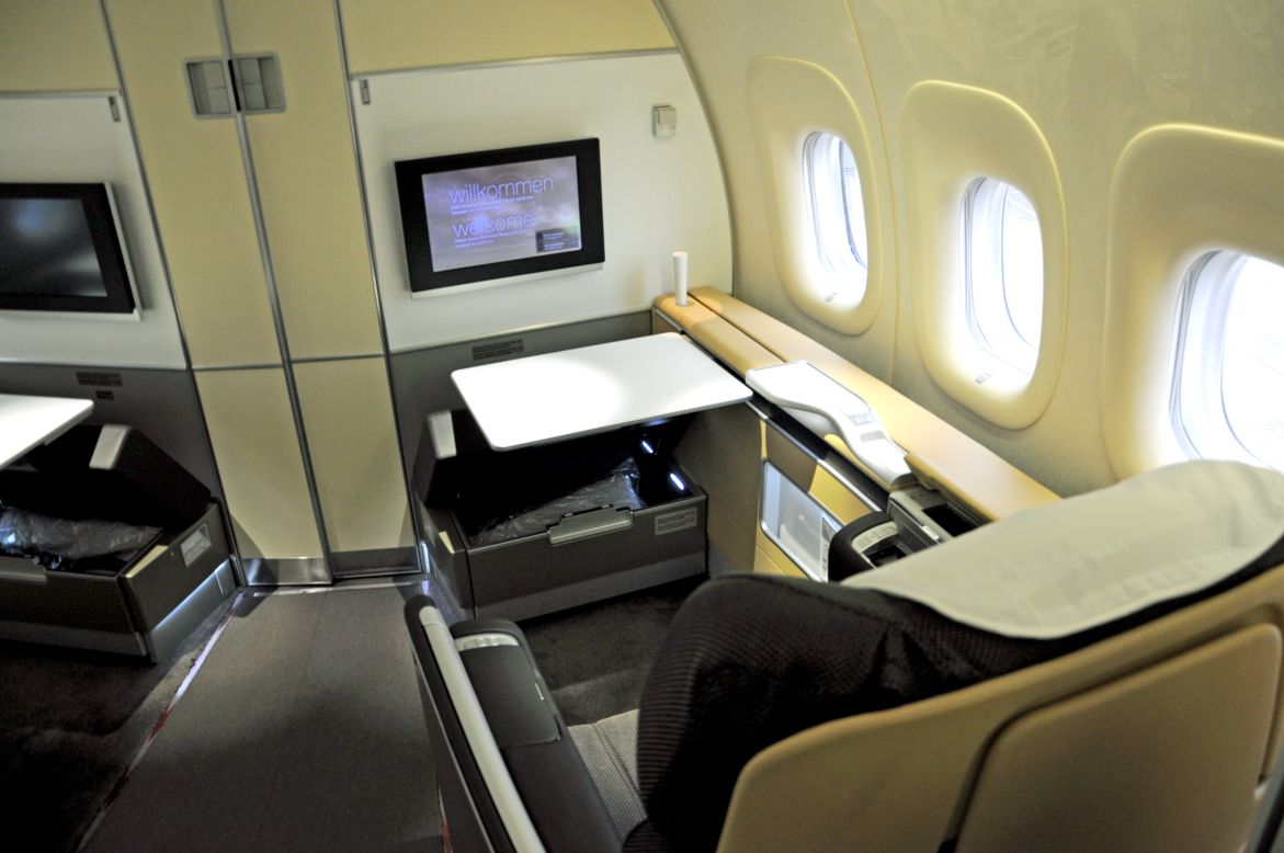Lufthansa's first-class cabin is touted as the quietest in the world. Suede walls, floors and curtains are designed to absorb or insulate sound. This plane is fitted out with eight first-class seats; each is 80 centimeters wide and when flat offers 207 centimeters of space.