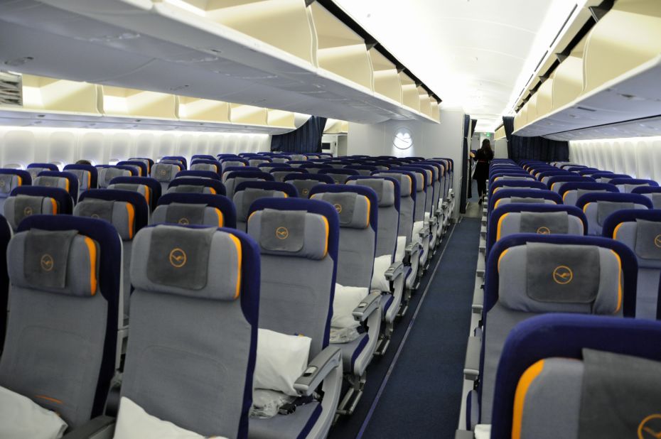 The economy class seating plan sports a 3-4-3 configuration and can accommodate a total of 298 passengers. An improvement is extra head space -- some overhead storage space has been relocated into the curved walls.