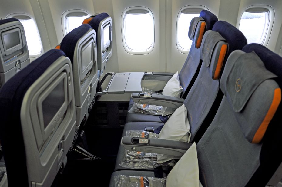 Economy-class seats are 52 centimeters wide and can be inclined 113 degrees. Lufthansa says it has added 5 to 7 centimeters more leg room than its 747-400. All seats on the plane are set up for inflight power and can handle iDevices. In economy, each has a 9-inch monitor with 50 video options.