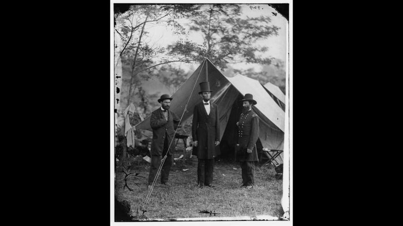 The top hat and President Abraham Lincoln are forever linked. He's pictured with Allan Pinkerton, left, and Maj. Gen. John A. McClernand at Antietam in Maryland.