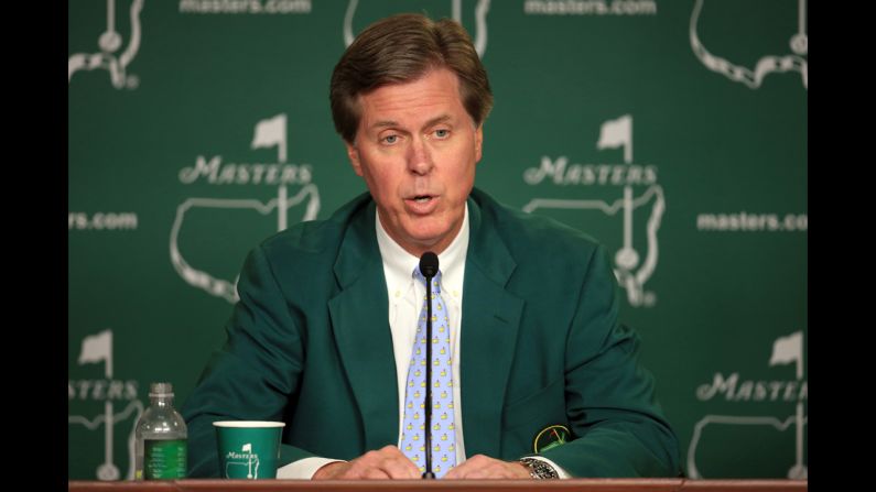 Chairman of the Masters Competition Committee Fred S. Ridley addresses the media concerning a two stroke penalty given to Tiger Woods.