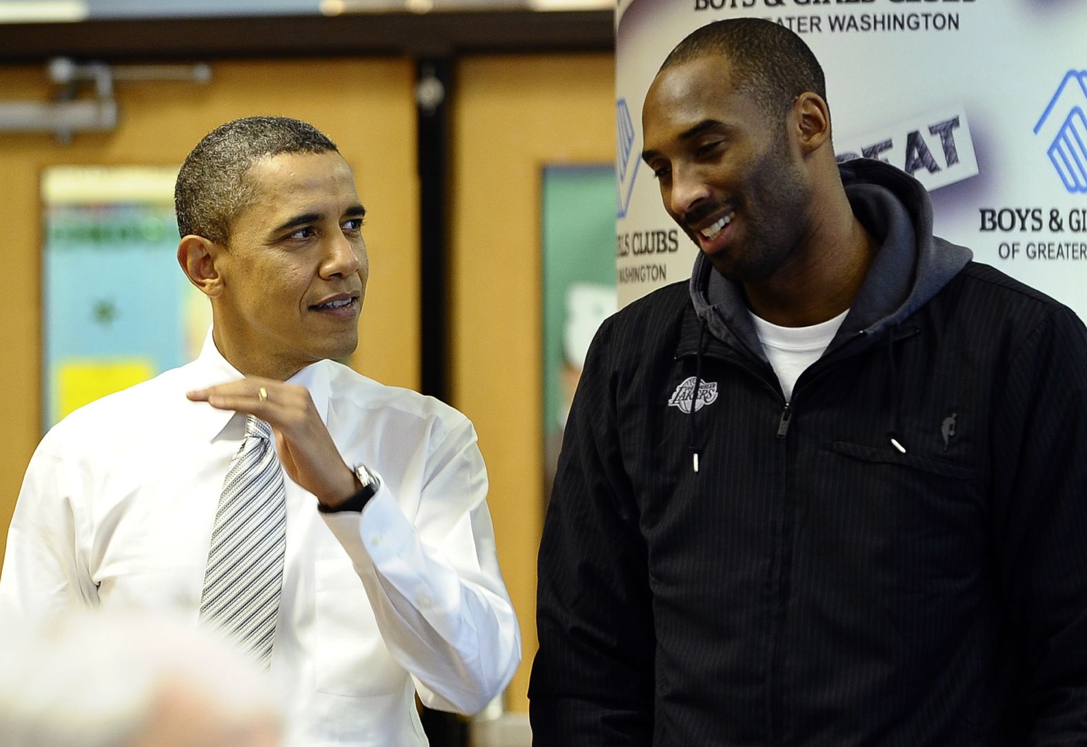US President Barack Obama chats with Bryant at a Boys and Girls Club in Washington in 2010. Obama welcomed the Lakers to honor their 2009-2010 season and their second consecutive NBA championship.