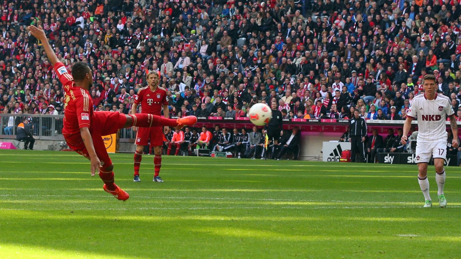 Jerome Boateng opens the scoring for Bayern Munich against Nuremburg at the Allianz Arena. 
