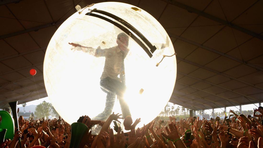 Diplo of Major Lazer rolls over the crowd in a plastic bubble on Day Two of the festival on April 13.