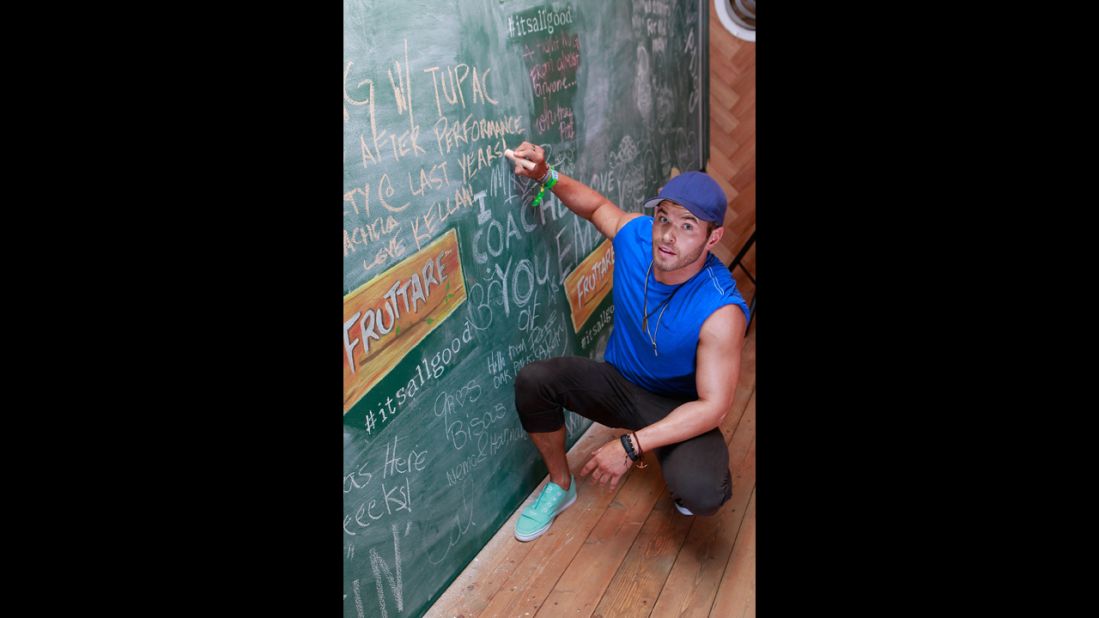 Kellan Lutz poses for a photo at the Fruttare Hangout at Coachella on April 13.