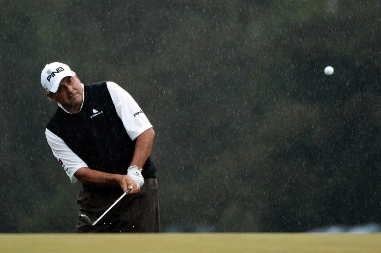 Angel Cabrera chips on the first sudden-death playoff hole.