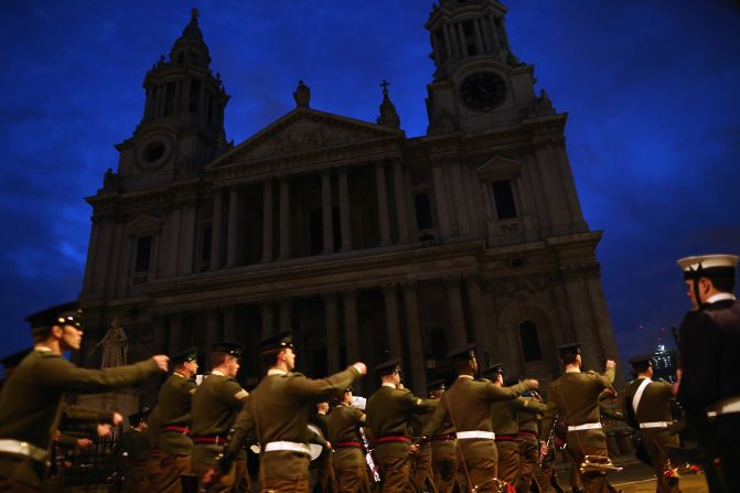 A full military rehearsal for the ceremonial funeral procession takes place outside St Paul's Cathedral in the early morning on April 15, 2013 in London, England.