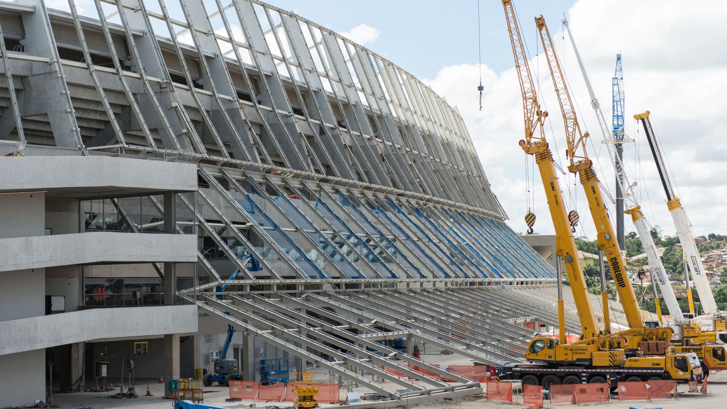 The rush to open Recife's stadium ahead of FIFA's deadline is revealed by the cranes outside the Arena Pernambuco on Sunday
