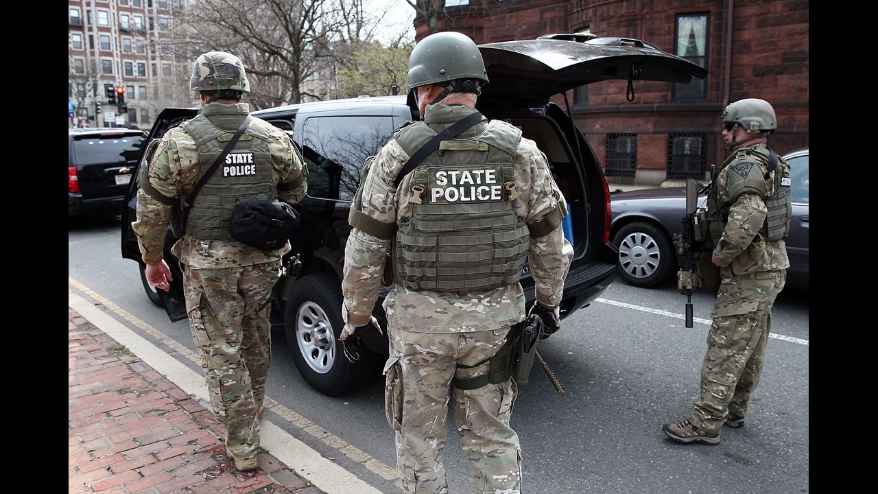 Massachusetts State Police guard an area near Kenmore Square.