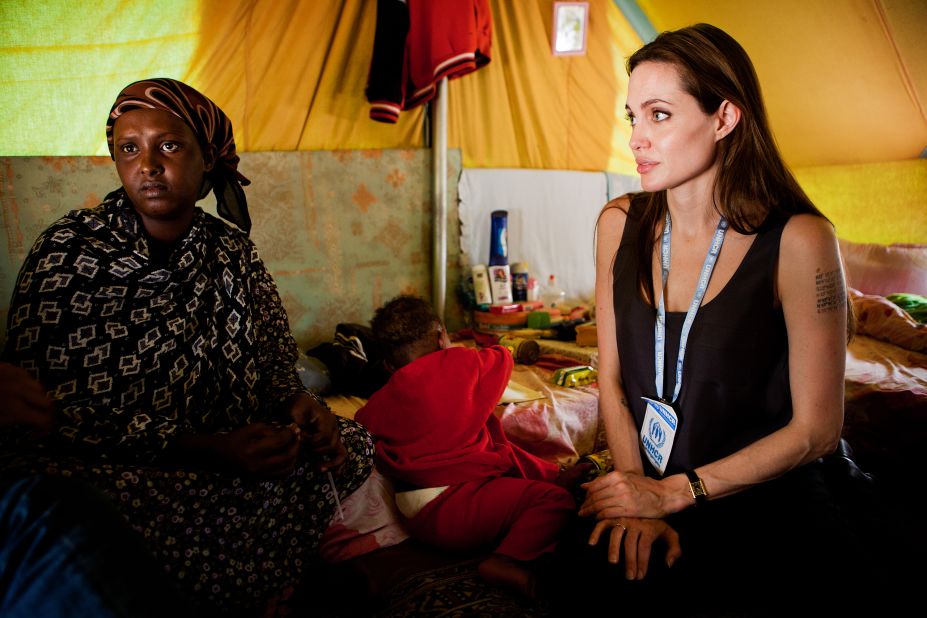 UNHCR Goodwill Ambassador Angelina Jolie visits Somali refugees in Tunisia in April 2011.