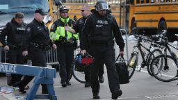 BOSTON - APRIL 15: The Cambridge Police department's bomb squad was at the intersection of Arlington and Boylston Streets, where they investigated unattended personal items left behind after two explosions went off near the finish line of the 117th Boston Marathon on April 15, 2013. (Photo by Barry Chin/The Boston Globe via Getty Images)