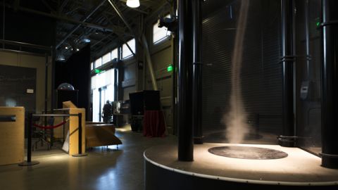 Look, kids -- scary weather! A mist generator and fans are used to create this indoor tornado. 