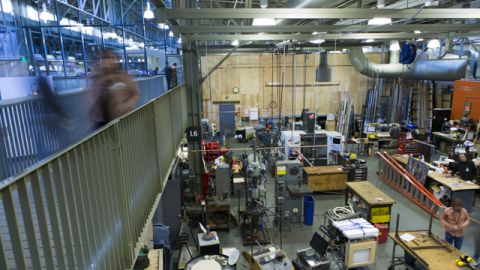 Visitors can peek down at the shop where Exploratorium exhibits are made.