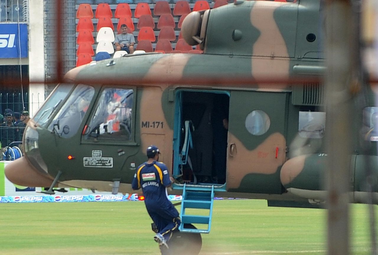Sri Lanka's national cricket team was evacuated by helicopter during its tour to Pakistan in 2009 after seven people were killed when the team bus was attacked in Lahore.