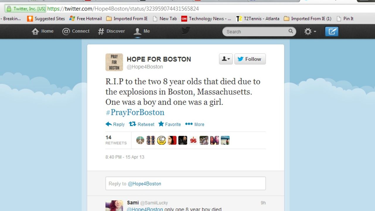 This tweet on a hastily created account wrongly claimed that two 8-year-olds were killed in the Boston bombings.