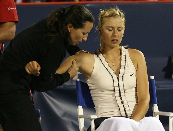 After a win in Montreal in July 2008, an MRI revealed that Sharapova had two tears in the tendon of her serving shoulder.