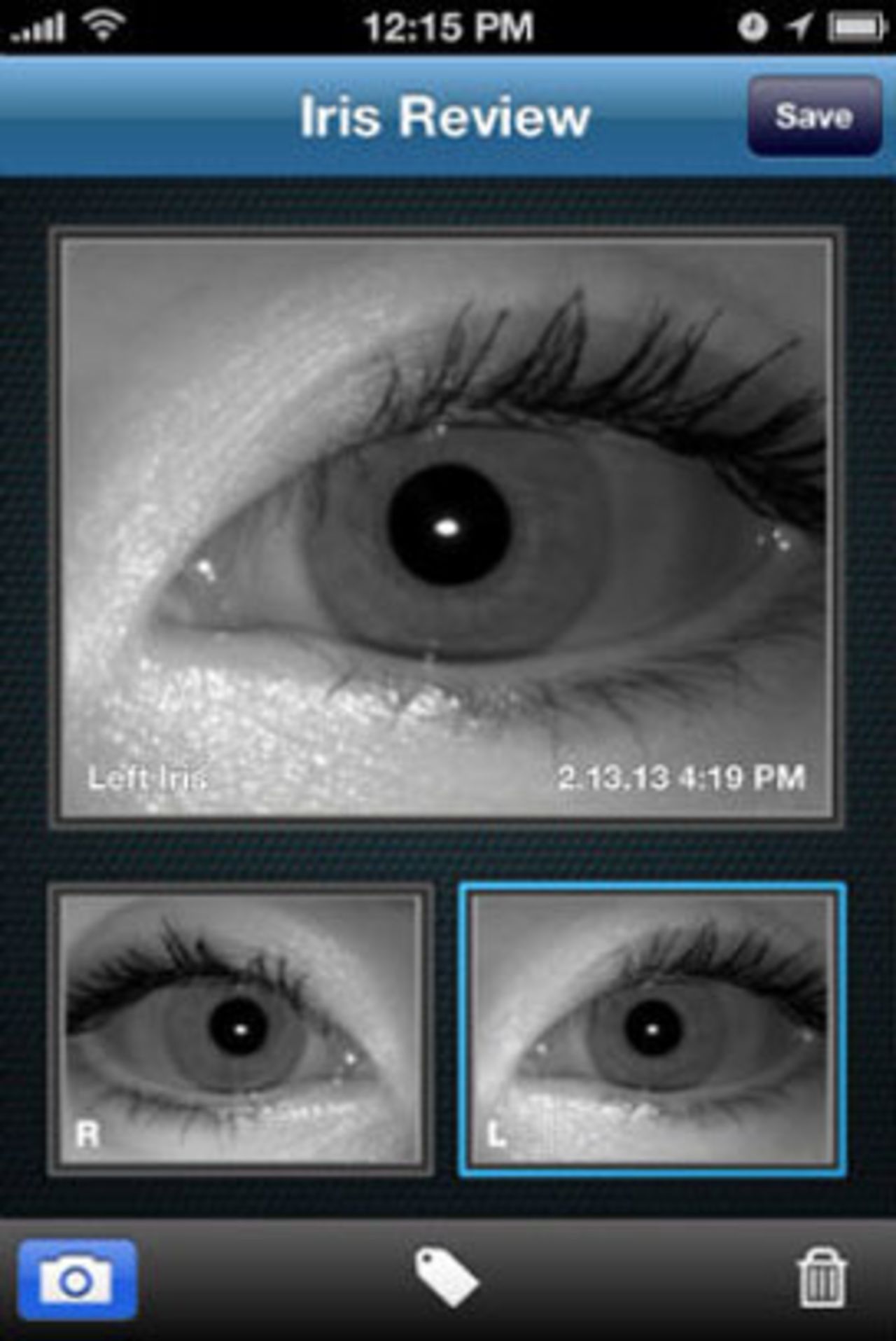 A screen grab from the AOptrix eye-scanner facility as captured via an iPhone camera.