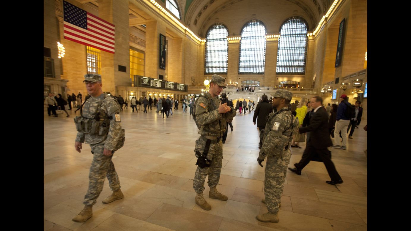 Members of the U.S. Army National Guard Joint Task Force Empire Shield patrol Grand Central Terminal in New York on Tuesday.