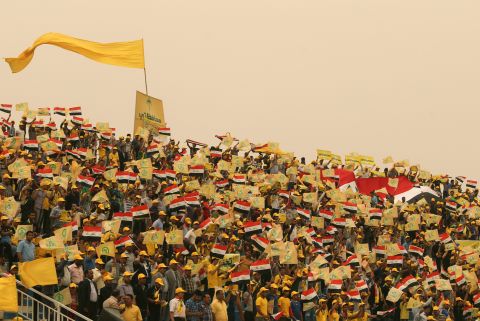 A sandstorm strikes Baghdad on April 16, during a rally where the head Shiite Muslim leader Ammar al-Hakim was speaking.