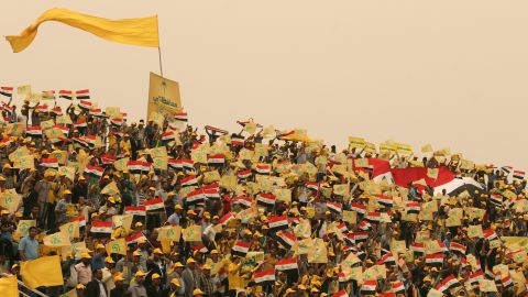 A sandstorm strikes Baghdad on April 16, during a rally where the head Shiite Muslim leader Ammar al-Hakim was speaking.