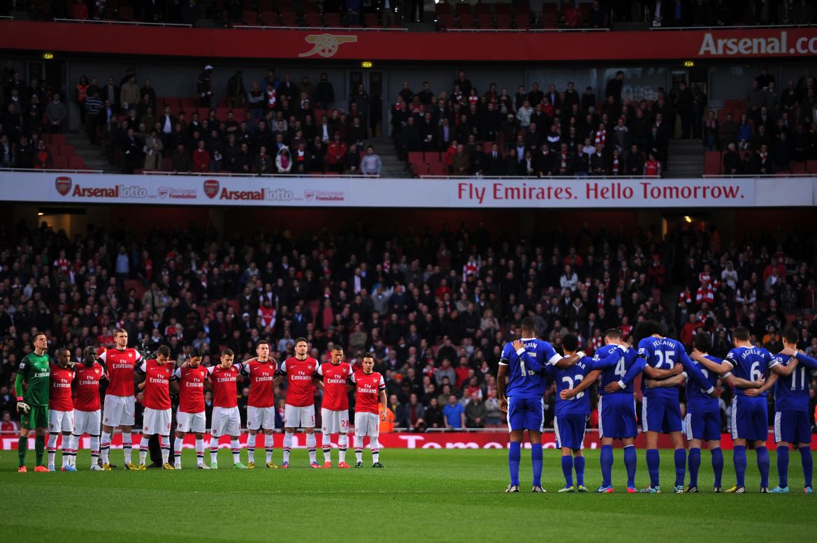 Arsenal and Everton soccer teams observe a moment of silence for the Hillsborough disaster anniversary and the victims of the Boston terror blasts during the Barclays Premier League on April 16,  in London, England. In 1989 nearly 100 people were killed and several hundred injured due to overcrowding at a match at the Hillsborough Stadium in Sheffield, England. 