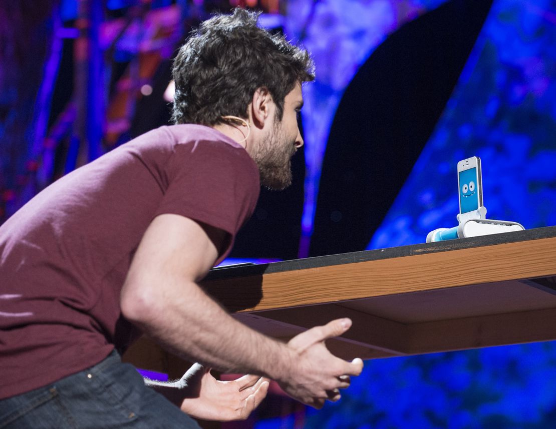 Keller Rinaudo demonstrates his robot, Romo, at TED2013 in Long Beach, California.
