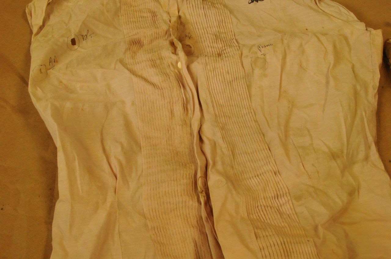 Police evidence in the investigation included Garza's blouse, seen here. Garza's death certificate states that her cause of death was "trauma to the right side of her head" causing "hemorrhage of the brain" and "suffocation."