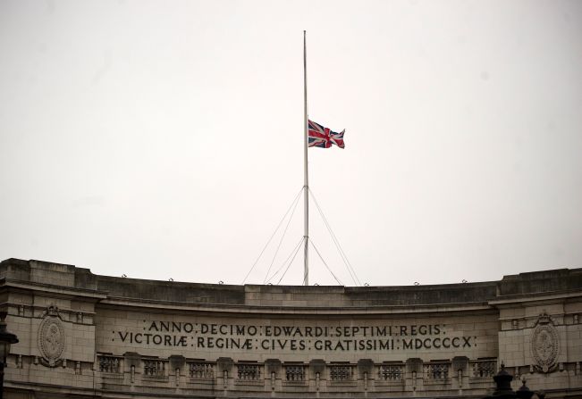 The Union Jack flies half-staff over Trafalgar Square in London ahead of Thatcher's funeral procession on April 17.