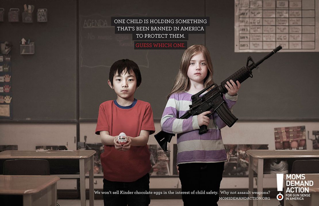 Moms for Gun Safety ran this ad, questioning why a type of chocolate is banned to protect kids but not assault weapons.
