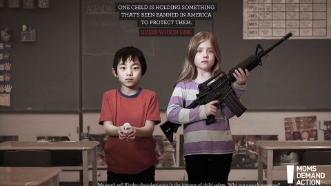 Moms for Gun Safety ran this ad, questioning why a type of chocolate is banned to protect kids but not assault weapons.