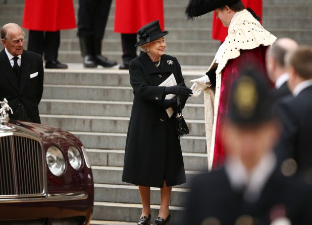 Queen Elizabeth II leaves the funeral at St. Paul's Cathedral.