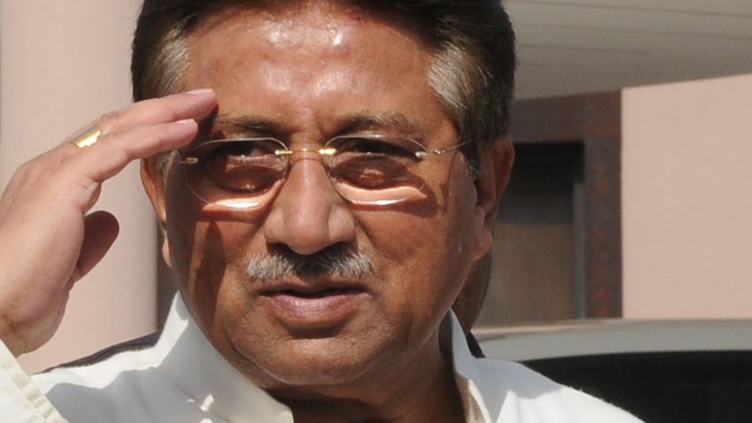 In this photograph taken on April 15, 2013, former Pakistani president Pervez Musharraf gestures as he arrives to unveil his party manifesto for the forthcoming general election at his residence in Islamabad.