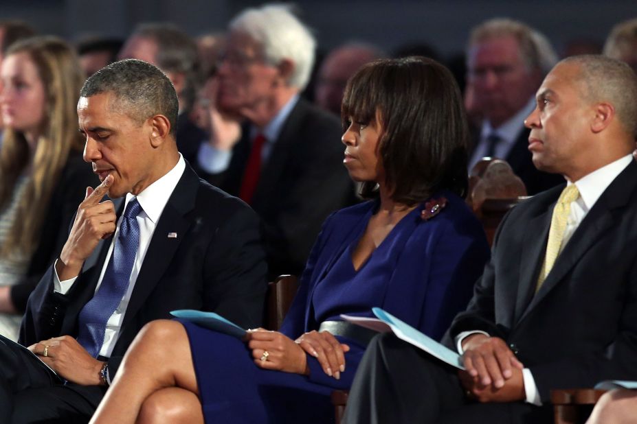 Obama, first lady Michelle Obama and Massachusetts Gov. Deval Patrick attend the interfaith prayer service.