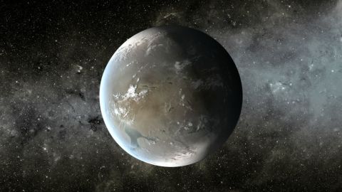 This illustration depicts Kepler-62f, a planet in the habitable zone of a star smaller and cooler than the sun, in the same system as Kepler-62e.