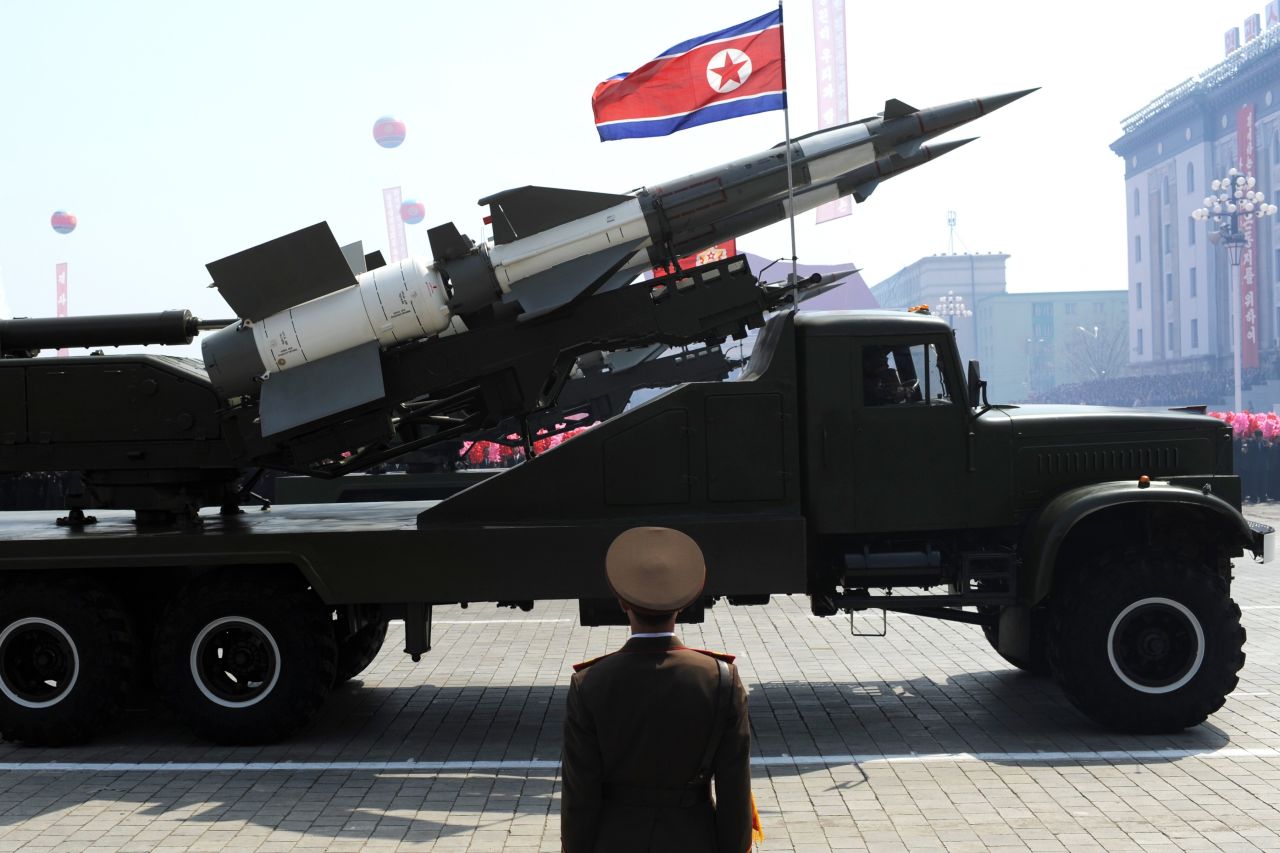 A missile is displayed during a military parade to mark 100 years since the birth of North Korea's founder Kim Il-Sung in Pyongyang on April 15, 2012. 