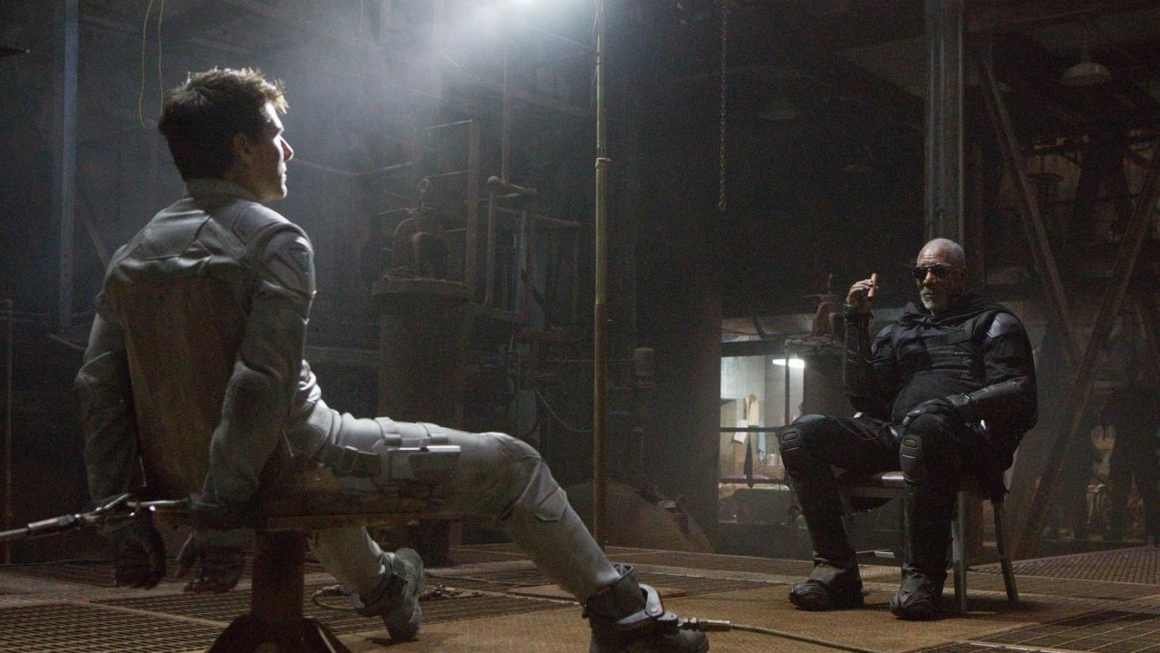 Tom Cruise stars as Jack Harper and Morgan Freeman stars as Malcolm Beech in "Oblivion."
