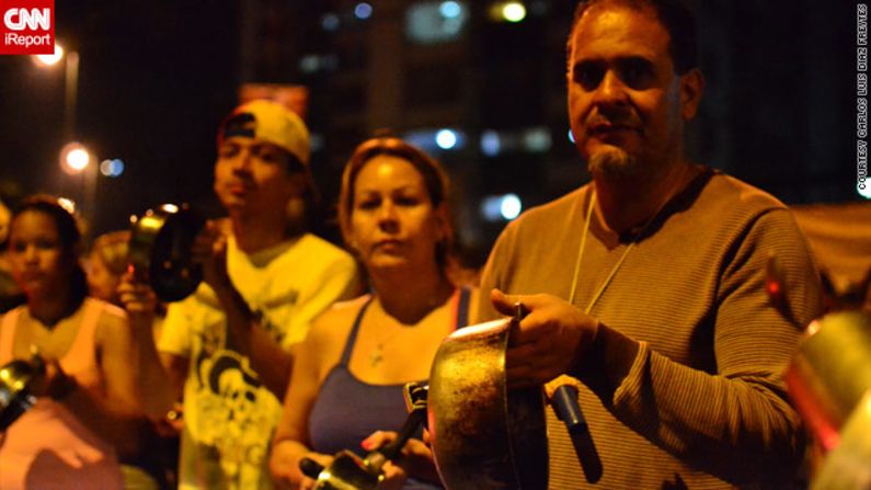 Opposition supporters in iReporter <a href="index.php?page=&url=http%3A%2F%2Fireport.cnn.com%2Fdocs%2FDOC-957905">Carlos Luis Diaz Freytes'</a> Caracas neighborhood took part in a "cacerolazo" -- literally "casserole" -- protest on Monday night.