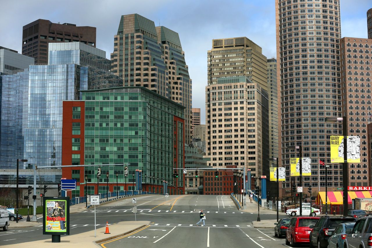 Summer Street in downtown Boston is empty as authorities hunt for the Boston Marathon bombing suspect on April 19, 2013. Much of the Boston area was closed or on lockdown during the investigation, and residents were asked to stay inside. 