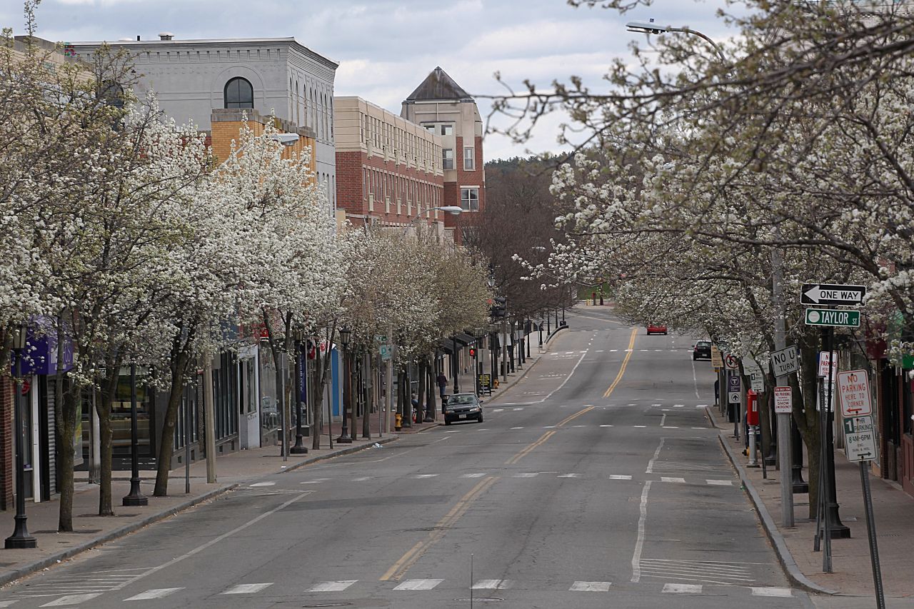 Moody Street was deserted in nearby Waltham, Massachusetts.