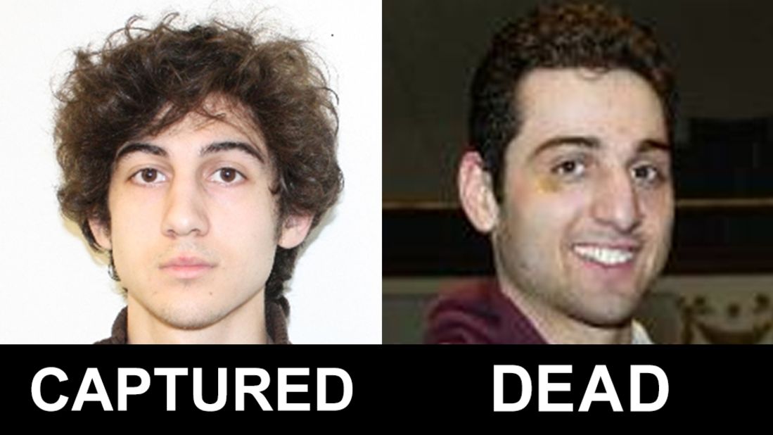 The FBI released photos and video on April 18, 2013, of two men identified as Suspect 1 and Suspect 2 in the deadly bombings at the Boston Marathon. They were later identified as Dzhokhar Tsarnaev, 19, and his brother Tamerlan Tsarnaev, 26.