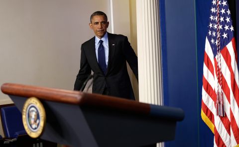 President Barack Obama arrives in the White House briefing room to make a statement late April 19 about the capture of Dzhokhar Tsarnaev. "We've closed an important chapter in this tragedy," he said.