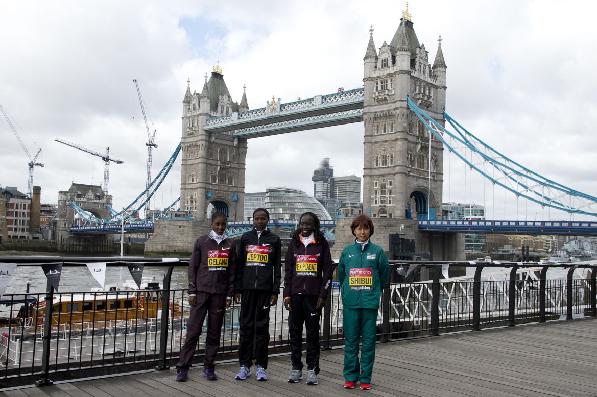 Tiki Gelana, Edna Kiplagat, Priscah Jeptoo, Renee Baillie and Yoko Shibui attends the photocall for International Women photocall ahead of The the London Marathon at The Tower Hotel on April 18, 2013 in London, England. 
