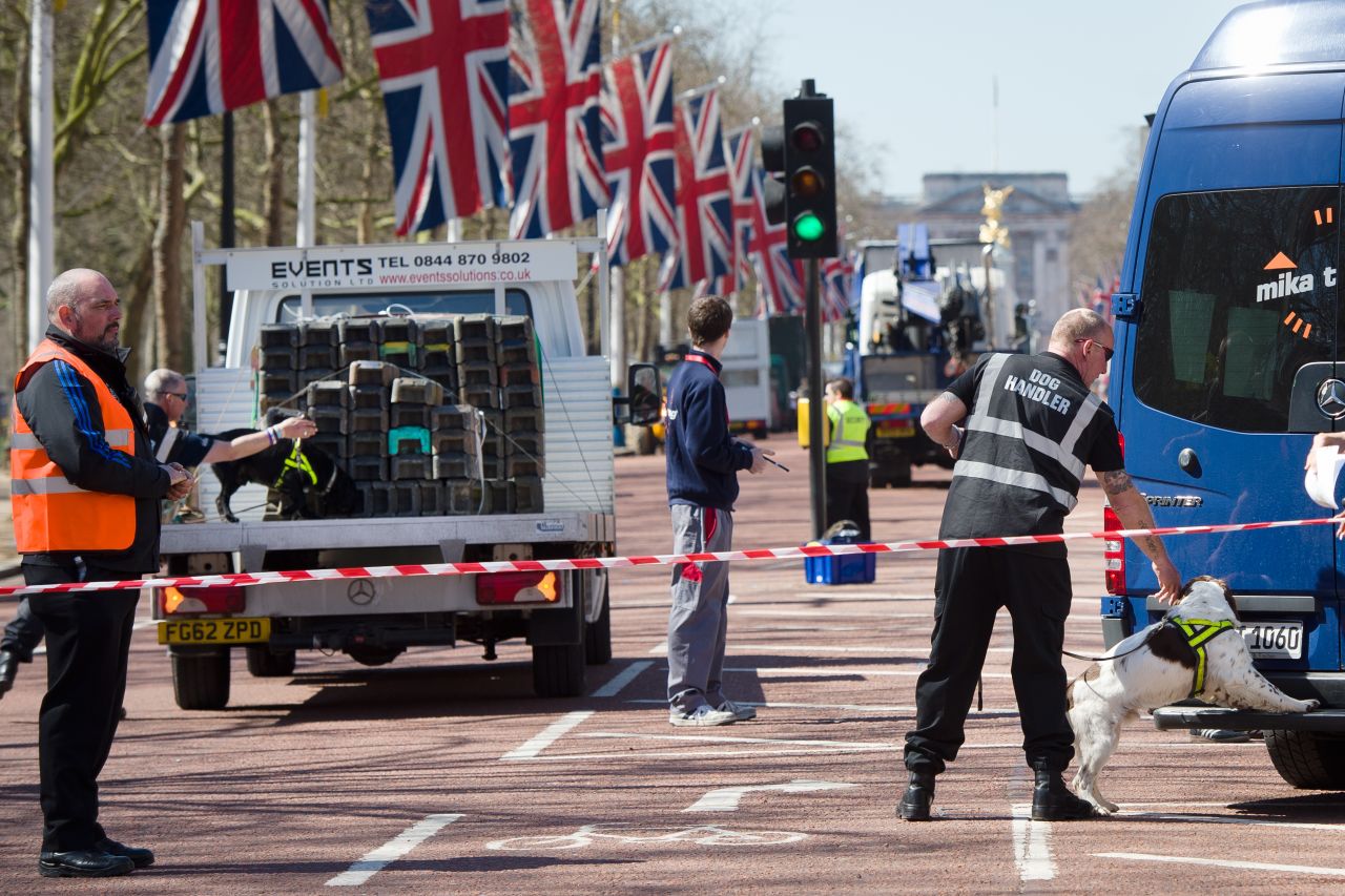  A handler works with an explosive-detecting dog on The Mall in central London on April 20, 2013, on the eve of the London Marathon. A beefed-up police presence for the London Marathon on April 21 will remain in place despite the death and capture of the Boston Marathon bombing suspects, Scotland Yard said. 