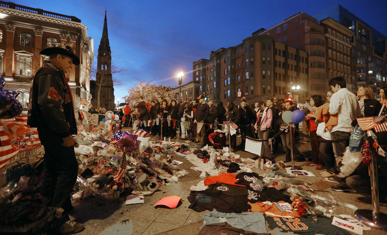 People gather at a makeshift memorial in Boston on April 20, 2013.