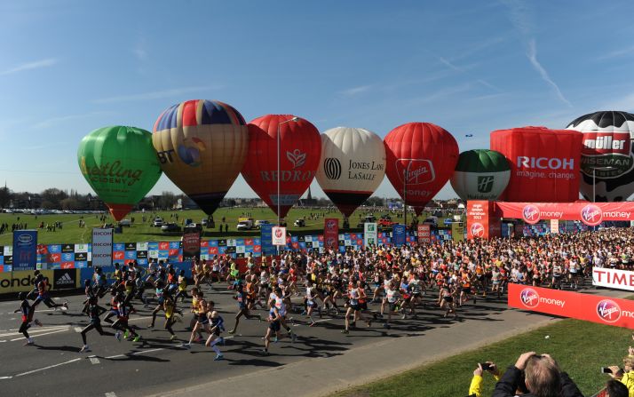 Start of the Elite Men in the Virgin London Marathon 2013 on Blackheath Common on April 21, 2013 in London, England.
