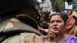 Activists and supporters of Bharatiya Janata Party (BJP) argue with Indian policemen outside the United Progressive Alliance (UPA) Chairperson Sonia Gandhi's  residence during a demonstration against the rape of a five-year old girl,  in New Delhi on April 21, 2013. Indian police arrested a man over the brutal rape of a five-year-old girl that has sparked fresh protests against sexual violence in the country. AFP PHOTO/ SAJJAD HUSSAIN        (Photo credit should read SAJJAD HUSSAIN/AFP/Getty Images)