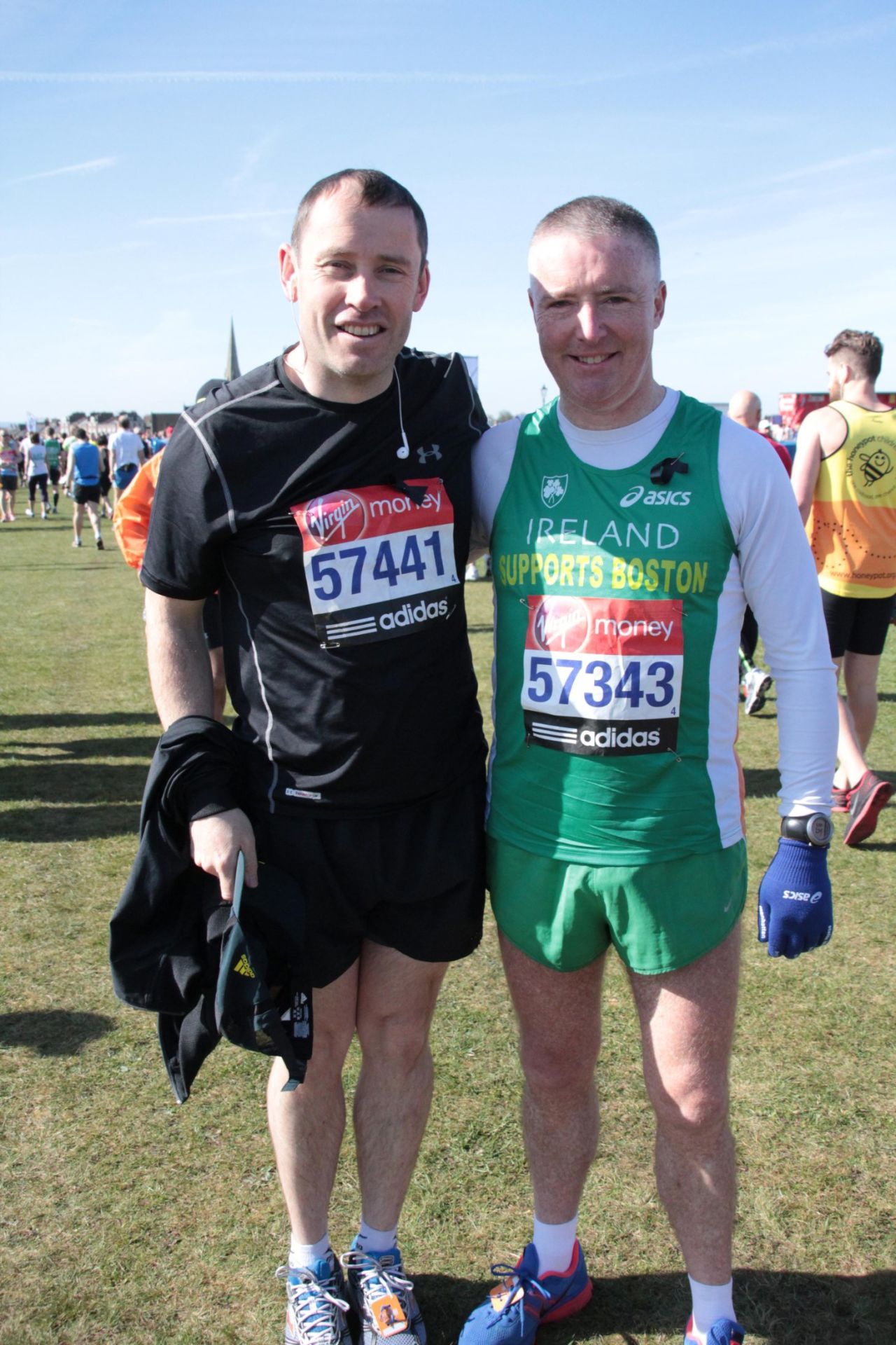 John O'Flynn (L) and John Gately (R) came from Cork, Ireland to participate in the London Marathon on April 21, 2013. Both have family in Boston but were not planning on competing, due to injury, until last week's tragic event changed their mind. O'Flynn said they wanted to compete to show solidarity to the people of Boston. 