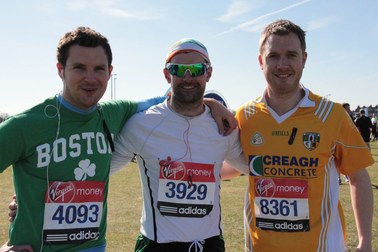 First time London Marathon runners Barry McCaan, 27, Aidan Savage, 31, Martin Conway, 30 ahead of the race. McCaan told CNN: "Everyone has been so generous. It totally makes you more determined to show them [the bombers] that terrorism doesn't work."