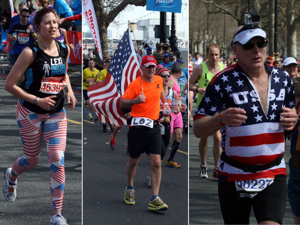Many American runners proudly dressed in a stars and stripes in a show of solidarity following the Boston terror attacks Monday. 
